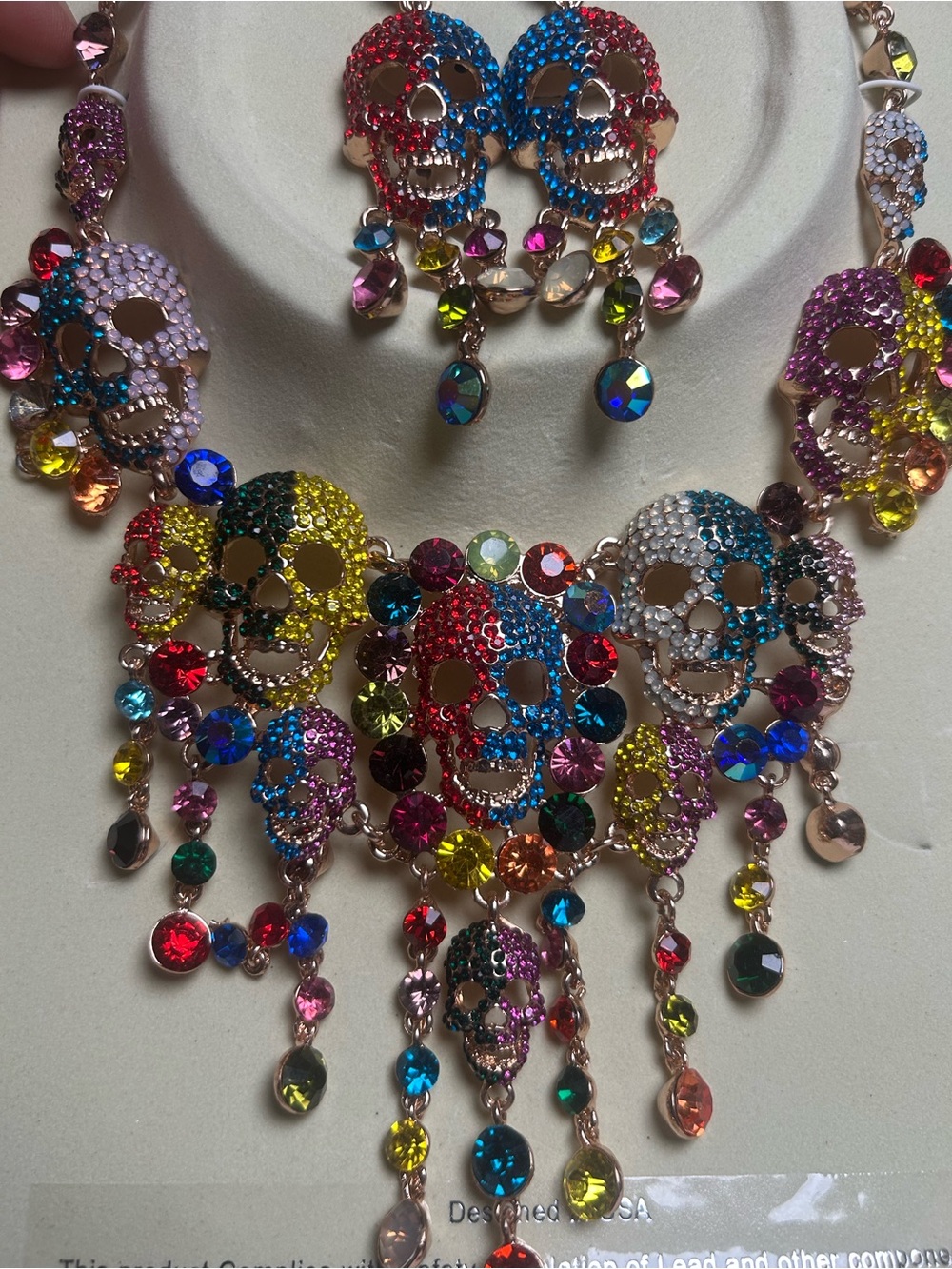 Multicolor Crystal Skull Statement Necklace and Earring Set